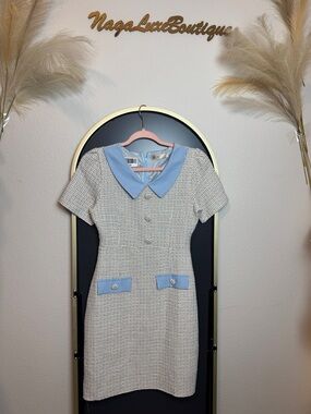 Baby Blue Tweed Mini Dress Preppy Elegant short sleeve